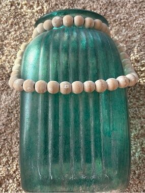 Decorative Teal Glass Vase with Wood Bead Garland